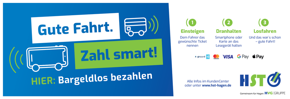 Ein Aufkleber am Einstieg zeigt an, in welchen Bussen das bargeldlose Zahlen möglich ist. Der Aufkleber enthält das Motto "Gute Fahrt. Zahl Smart" und die verschiedenen Logos der Zahlungnsmöglichkeiten. 